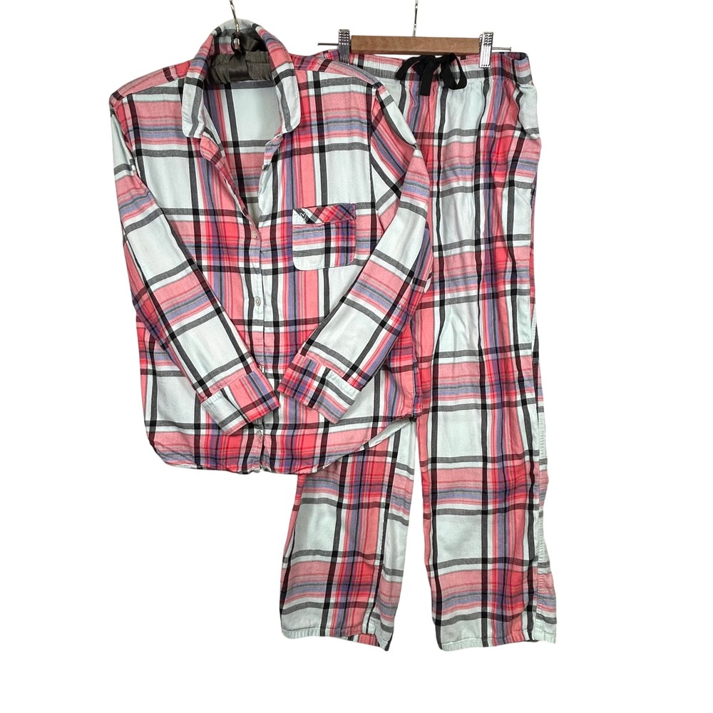 Victoria's Secret Pajama Set Womens M Pink Red Plaid Button Top Sleepwear Cozy